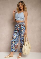 Niebieskie Bawełniane Spodnie High Waist Szerokie we Wzór Boho Tolioria. Niebieskie jeansy Renee, m, bez wzorów, z bawełny, biznesowe, z podwyższonym stanem. Za 29.99 zł.