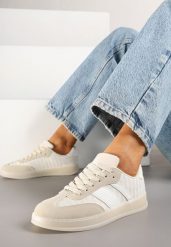 Beżowe Sneakersy Tenisówki Ozdobione Paskami Amodira. Brązowe trampki Renee, bez wzorów, z jeansu, bez zapięcia. W wyprzedaży za 67.99 zł.