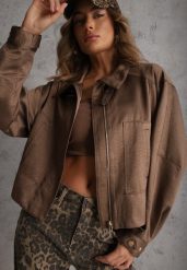 Brązowa Kurtka Bomberka Oversize z Paskami przy Rękawach Lann. Brązowe kurtki Renee, na wiosnę, l, bez wzorów, z jeansu, bez kaptura. Za 179.99 zł.