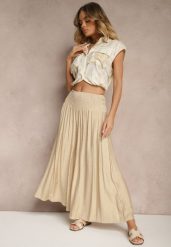 Beżowe Spodnie o Szerokim Kroju Kuloty High Waist o Długości 7/8 Ulanova. Brązowe jeansy Renee, bez wzorów, z jeansu, eleganckie, z podwyższonym stanem. W wyprzedaży za 32.99 zł.