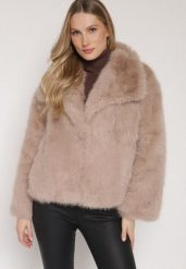 Beżowa Jednorzędowa Kurtka Futerko z Szerokim Kołnierzem Conellia. Brązowe kurtki Born2be, l, bez wzorów, z dzianiny, eleganckie, bez kaptura. Za 199.99 zł.