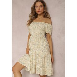 Żółto-Beżowa Sukienka z Wiskozy Hermamia. Żółte sukienki Renee, m, bez wzorów, z tkaniny, bez kołnierzyka, bez ramiączek, mini, rozkloszowane. W wyprzedaży za 55.99 zł.