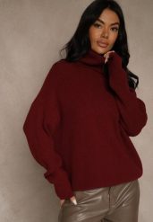 Bordowy Golf z Domieszką Wiskozy i Kaszmiru Azivara. Czerwone swetry Renee, l, z aplikacjami, z jeansu, eleganckie, bez ramiączek. Za 129.99 zł.