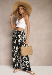 Czarne Szerokie Spodnie High Waist z Wiskozy Zdobione Abstrakcyjnym Printem Zileira. Czarne jeansy Renee, z aplikacjami, z jeansu, eleganckie, z podwyższonym stanem. W wyprzedaży za 55.99 zł.
