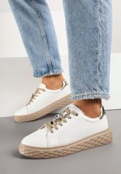Biało-Złote Skórzane Sneakersy Typu Klasyczne Tenisówki Sondria. Białe trampki Renee, z aplikacjami, z jeansu, eleganckie, bez zapięcia. W wyprzedaży za 125.99 zł.
