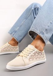 Beżowe Tenisówki z Ażurowymi Wstawkami Po Bokach Salessa. Brązowe trampki Renee, w ażurowe wzory, z jeansu, bez zapięcia. W wyprzedaży za 35.99 zł.