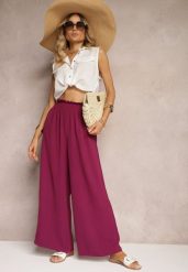 Bordowe Spodnie High Waist z Szerokimi Nogawkami i Gumką w Pasie Risabessa. Czerwone jeansy Renee, m, bez wzorów, z jeansu, eleganckie, z podwyższonym stanem. W wyprzedaży za 39.99 zł.