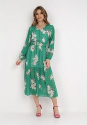 Zielona Sukienka Thessitheme. Zielone sukienki Born2be, m, bez wzorów, bez kołnierzyka, bez ramiączek, midi, rozkloszowane. Za 149.99 zł.