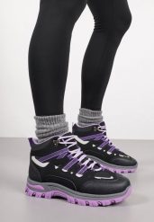 Czarno-Fioletowe Buty Trekkingowe Traperki Vices ze Sznurowaną Cholewką Afellie. Czarne traperki Renee, bez wzorów, bez obcasa, bez zapięcia. Za 99.99 zł.
