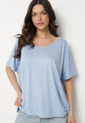 Jasnoniebieski T-shirt z Wiskozą o Kroju Nietoperza Liosma. Niebieskie t-shirty Born2be, bez wzorów, z jeansu, klasyczne, bez kołnierzyka, bez ramiączek. Za 89.99 zł.