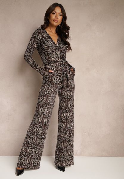 Brązowy Kopertowy Kombinezon Zdobiony Ornamentalnym Wzorem Mesiera. Brązowe kombinezony Renee, na co dzień, l, z aplikacjami, eleganckie, bez kołnierzyka, bez ramiączek, kopertowe. Za 129.99 zł.