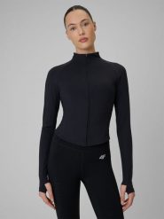 4F Bluza treningowa slim szybkoschnąca damska - czarna S. Czarne bluzy bez kaptura 4f, s, bez wzorów, ze skóry, bez kaptura, na fitness i siłownię. Za 199.99 zł.