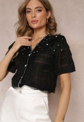 Czarna Koszula Bluzka z Koronką i Falbankami Engelli. Czarne bluzki Renee, m, z aplikacjami, z koronki, bez kołnierzyka, bez ramiączek. W wyprzedaży za 127.99 zł.