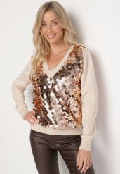 Beżowy Sweter z Wiskozą i Cekinami Nevaluna. Brązowe swetry Born2be, uniwersalny, bez wzorów, z jeansu, wizytowe, bez ramiączek. W wyprzedaży za 110.49 zł.