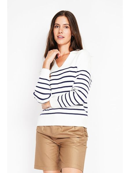 William de Faye Sweter w kolorze biało-granatowym rozmiar: 40. Białe swetry William de Faye, bez wzorów, klasyczne, bez ramiączek. Za 104.99 zł.