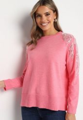 Różowy Sweter z Dodatkiem Modalu i Wiskozy z Perłami i Cekinami na Ramionach Ivenise. Czerwone swetry Born2be, na zimę, bez wzorów, z wiskozy, bez ramiączek. W wyprzedaży za 101.99 zł.