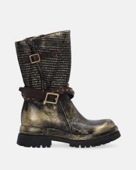 ZŁOTE BOTKI W ROCKOWYM STYLU B51214 OTTONE. Żółte botki Venezia, bez wzorów, ze skóry, bez obcasa, bez zapięcia. Za 1,089.00 zł.