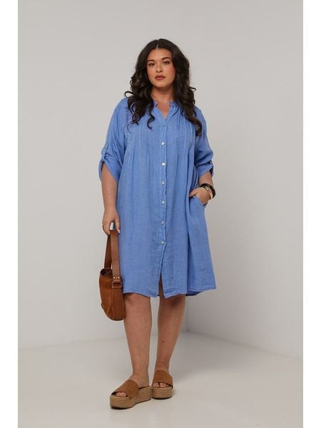 Curvy Lady Lniana sukienka w kolorze niebieskim rozmiar: 48/50. Niebieskie sukienki Curvy Lady, bez wzorów, ze lnu, klasyczne, bez kołnierzyka, bez ramiączek, midi. Za 145.26 zł.