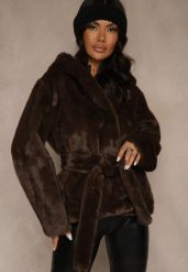 Brązowa Futerkowa Kurtka z Kapturem i Wiązanym Paskiem Zetele. Brązowe kurtki Renee, l, bez wzorów, z jeansu, z kapturem. Za 229.99 zł.