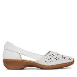Półbuty Rieker. Białe półbuty wsuwane Rieker, bez wzorów, bez obcasa, na płaskiej podeszwie. Za 179.99 zł.