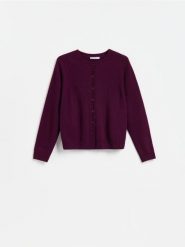 Wełniany kardigan - ciemnofioletowy. Fioletowe swetry Reserved, l, bez wzorów, z wełny, bez ramiączek. Za 179.99 zł.