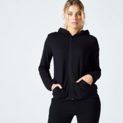 Bluza na zamek damska Domyos Gym & Pilates 100. Czarne bluzy DOMYOS, m, bez wzorów, z bawełny, bez kaptura, na fitness i siłownię. Za 69.99 zł.
