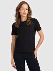 4F T-shirt regular gładki damski - czarny L. Czarne t-shirty 4f, l, bez wzorów, z materiału, klasyczne, bez kołnierzyka, bez ramiączek. Za 49.99 zł.