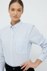 Tommy Hilfiger koszula bawełniana damska regular z kołnierzykiem klasycznym. Niebieskie koszule Tommy Hilfiger, bez wzorów, z bawełny, klasyczne, bez kołnierzyka, bez ramiączek. W wyprzedaży za 479.99 zł.
