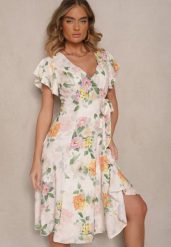 Beżowa Kopertowa Sukienka w Kwiaty Atesalia. Brązowe sukienki Renee, na co dzień, m, bez wzorów, eleganckie, bez kołnierzyka, bez ramiączek, midi, kopertowe. W wyprzedaży za 91.99 zł.