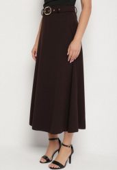 Brązowa Rozkloszowana Spódnica z Wysokim Stanem Ozdobiona Paskiem z Klamrą Lobira. Brązowe spódnice Born2be, na co dzień, uniwersalny, bez wzorów, eleganckie, maxi, koszulowe. Za 69.99 zł.