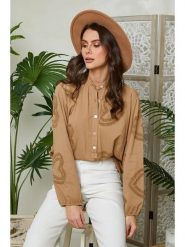 Lin Passion Lniana bluzka w kolorze jasnobrązowym rozmiar: 36/38. Brązowe bluzki Lin Passion, bez wzorów, ze lnu, klasyczne, bez kołnierzyka, bez ramiączek. Za 121.99 zł.