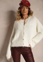 Biały Klasyczny Kardigan o Prostym Kroju Riavara. Białe swetry Renee, bez wzorów, z jeansu, eleganckie, bez ramiączek. W wyprzedaży za 143.99 zł.