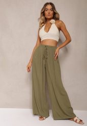 Ciemnozielone Szerokie Spodnie High Waist z Gumką w Talii Ilnena. Zielone jeansy Renee, na lato, bez wzorów, z jeansu, biznesowe, z podwyższonym stanem. W wyprzedaży za 59.99 zł.