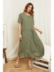 Rodier Lin Lniana sukienka w kolorze oliwkowym rozmiar: M/L. Brązowe sukienki Rodier Lin, na co dzień, l, bez wzorów, ze lnu, bez kołnierzyka, bez ramiączek, maxi, proste. Za 166.88 zł.