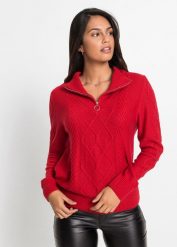 Sweter ze stójką we wzór w warkocze. Czerwone swetry bonprix, bez wzorów, bez ramiączek. Za 104.99 zł.