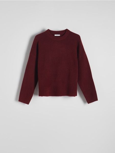 Sweter z domieszką wełny - ciemnofioletowy. Fioletowe swetry Reserved, l, bez wzorów, z dzianiny, bez ramiączek. Za 139.99 zł.