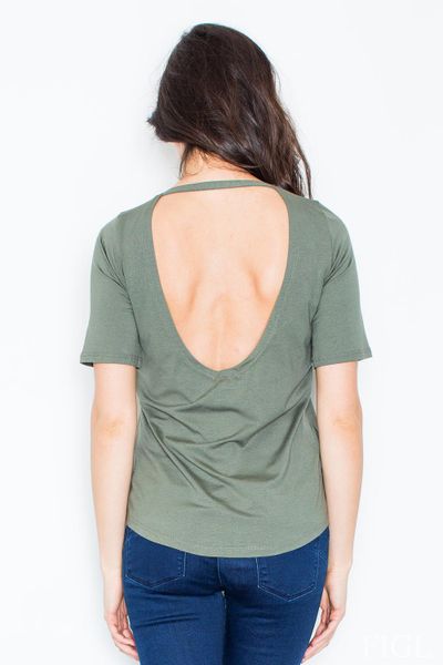 Oliwkowa Bluzka z Krótkim Rękawem z Wycięciem na Plecach. Zielone bluzki Figl, l, bez wzorów, z elastanu, bez kołnierzyka, bez ramiączek. Za 159.00 zł.