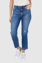 7 FOR ALL MANKIND Niebieskie jeansy z przetarciami i szeroką nogawką THE STRAIGHT CROP SLIM ILLUSION Outline. Niebieskie jeansy 7 for all mankind, s, bez wzorów, z bawełny. W wyprzedaży za 549.99 zł.