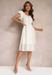 Jasnobeżowa Sukienka z Bufiastymi Rękawami i Gumką w Pasie o Rozkloszowanym Kroju Vikkitha. Brązowe sukienki Renee, na imprezę, m, bez wzorów, eleganckie, bez kołnierzyka, bez ramiączek, midi, rozkloszowane. W wyprzedaży za 167.99 zł.