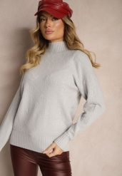 Jasnoszary Golf Sweter z Tłoczeniem i Ściągaczami Melovira. Szare swetry Renee, na zimę, bez wzorów, bez ramiączek. W wyprzedaży za 87.99 zł.