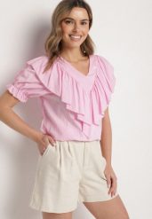 Różowa Bluzka z Wiskozą i Falbankami Fadevia. Czerwone bluzki Born2be, uniwersalny, bez wzorów, z jeansu, eleganckie, bez kołnierzyka, bez ramiączek. Za 89.99 zł.
