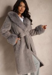 Szary Futrzany Płaszcz z Wiązanym Paskiem Ozdobnym Kołnierzem i Mankietami Viaressa. Szare płaszcze Renee, l, bez wzorów, z futra, eleganckie, bez kaptura. Za 229.99 zł.