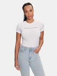 Tommy Jeans T-Shirt Linear DW0DW18398 Biały Slim Fit. Białe t-shirty Tommy Jeans, l, bez wzorów, z bawełny, bez kołnierzyka, bez ramiączek. Za 109.99 zł.