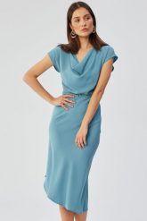 Elegancka asymetryczna sukienka z dekoltem woda niebieska. Niebieskie sukienki Stylove, xl, bez wzorów, eleganckie, z asymetrycznym kołnierzem, bez ramiączek, asymetryczne. Za 339.00 zł.