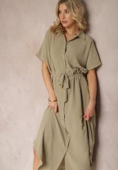 Zielona Koszulowa Sukienka z Wiskozy z Materiałowym Paskiem w Talii Gialara. Zielone sukienki Renee, na co dzień, l, bez wzorów, z materiału, eleganckie, bez kołnierzyka, bez ramiączek, maxi, koszulowe. W wyprzedaży za 67.99 zł.