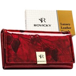 Duży, czerwony portfel damski z lakierowanej skóry naturalnej z systemem RFID Rovicky RH-22-1-DBF. Czerwone portfele bez wzorów, ze skóry. Za 84.00 zł.