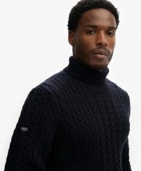 Superdry Sweter z warkoczami Jacob ze stójką — Ciepły komfort. Niebieskie swetry Superdry, l, bez wzorów, z materiału, eleganckie, bez ramiączek. Za 490.55 zł.