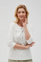 Bluzka z nadrukiem i rękawami 3/4 biała. Białe bluzki MOODO, bez wzorów, z bawełny, bez kołnierzyka, bez ramiączek. Za 59.99 zł.