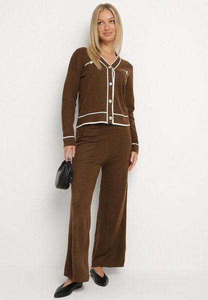 Brązowy Dzianinowy Komplet Szerokie Spodnie i Kardigan z Lamówkami Gioresa. Brązowe swetry Born2be, bez wzorów, z bawełny, eleganckie, bez ramiączek. Za 139.99 zł.
