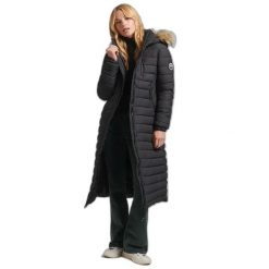 Długa i lekka kurtka puchowa z kapturem ze sztucznym futrem dla kobiet Superdry. Czarne kurtki Superdry, xs, bez wzorów, prążkowane, retro, z kapturem. Za 571.00 zł.